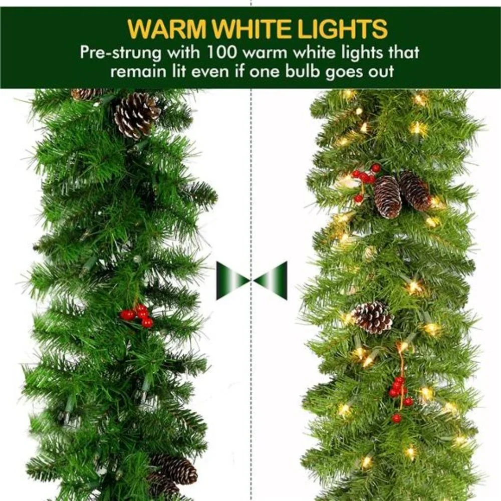 9 ft Christmas Garland with 100 Warm White Lights, Pre-lit Christmas Garland